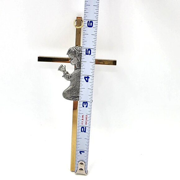 Wall Cross Crucifix with Pewter Praying Child Gold Toned Brass Baptism Gift 6 In - Picture 5 of 6